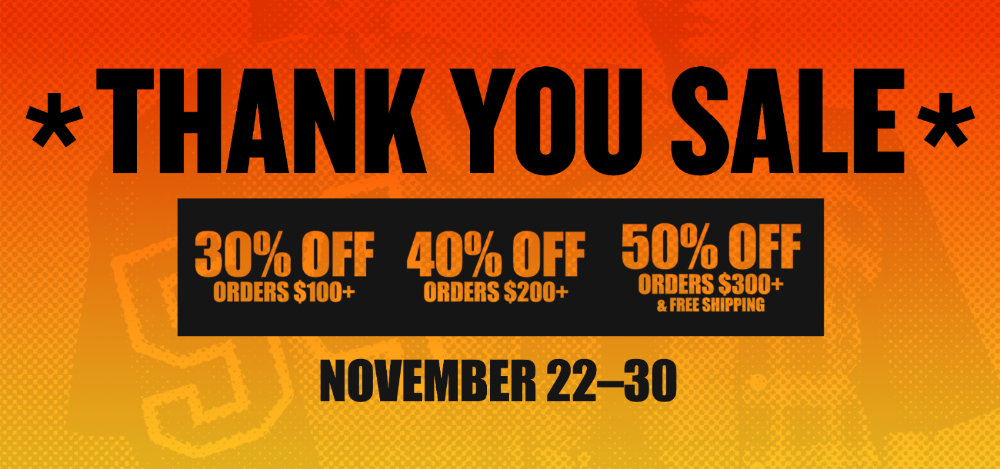 Promotional banner with 'Thank You Sale' text and discount information on an orange background.